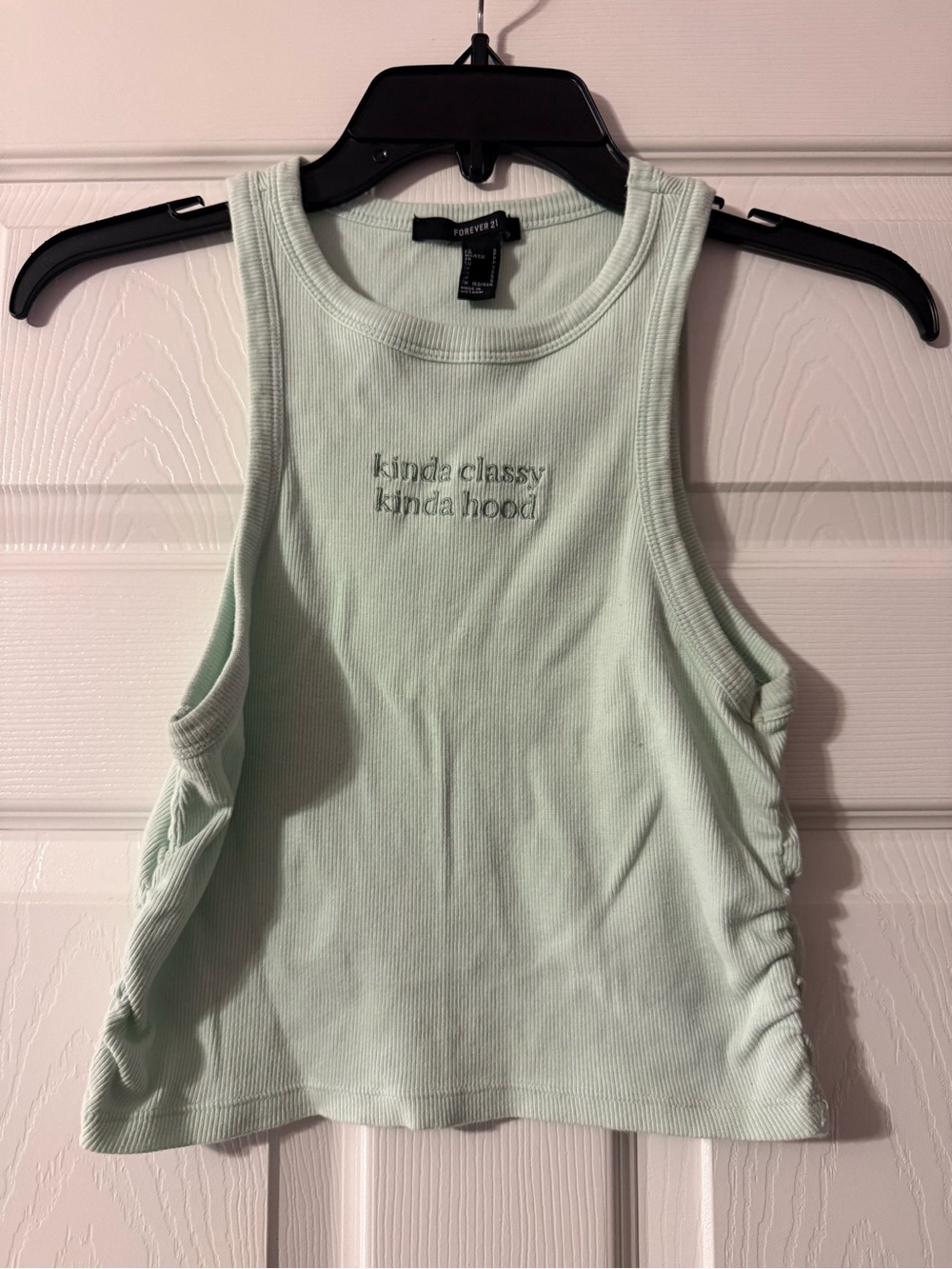 Forever 21 Mint Green Ribbed Tank Top with Embroidered Slogan